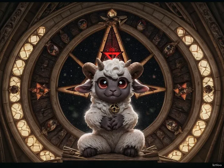 (lamb \(cult of the lamb\)), chibi, stained glass, church setting, looking at viewer, red eyes, ears, horizontal pupils, pentagram, horn, white sclera,
BREAK,
(detailed background:1.2),high detail, film photography, RAW candid cinema, realistic, analog style, best quality, ultra realistic, 8k,by Kyoto Animation,