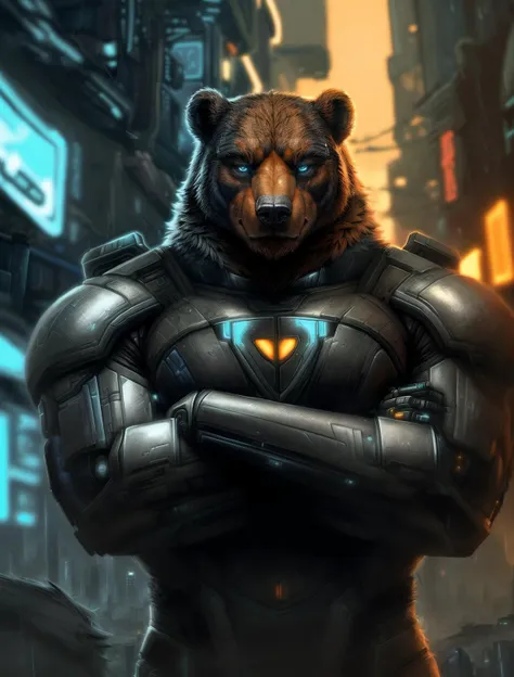 (detailed cyberpunk city:1.2), raining, cybernetic bear standing, detailed fur, cybernetic armor, defiance512, (masterpiece, best quality, high quality, highres, ultra-detailed), [by nesskain, rov::0.5] ADDCOMM
(blue light:1.3)  ADDCOL
(orange light:1.3) <lora:add_detail:1>