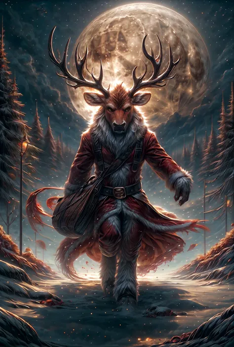 masterpiece, best quality, <lora:redmoonreindeer-concept-richy-v1:1> redmoonreindeer, realistic, realistic red fur,furious, rage, ((roaring)), reindeer, red fur, huge reindeer antlers, carrying a bag full of presents, santa claus clothes,  epic pose, dynamic, (red moon), full moon, <lora:hairdetailer:1>