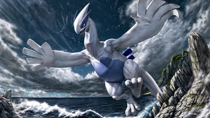 (Lugia), adorable, blue eyes, wing hands, detailed feet with three toes, flying, looking around, happy, cool pose, BREAK flying over the ocean, clouds in sky, crashing waves, island, fantasy, sparkles and fireflies, dark blue color scheme, beautiful lighting, Sugimori Ken style, Pokemon, realistic cgi