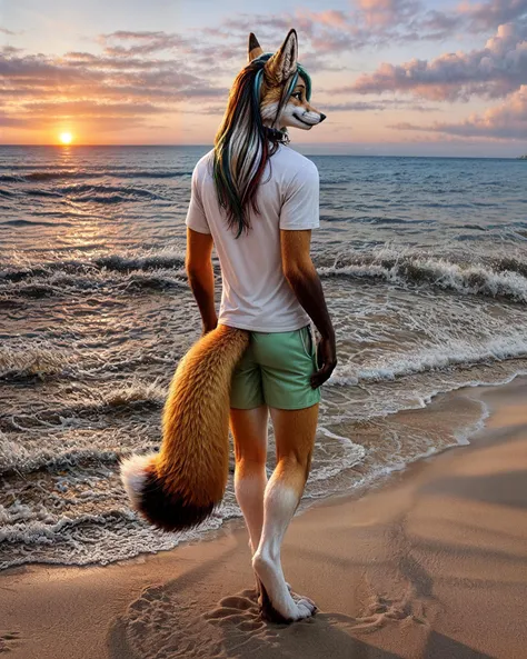 back view, male fox, collar, long hair, (multicolored hair), wearing shirt, swimming trunks, tail, finger claws, standing, (looking away), barefoot, digitigrade, (sand), beach, sunset