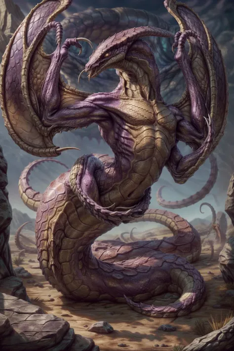 masterpiece, uploaded to e621, (((naga-mantis hybrid, naga))), ((snake-like lower body)), ambiguous gender, sfw, sharp teeth, ((snake-like abdomen)), ((hydralisk)), ((scythe-arms blades)), chitinous, zerg, on a desert planet, uhd, 8k, hdr, starcraft, extremely detailed, detailed, intricate details, <lora:ZergAI:0.6> ZergAI <lora:more_details:0.4>