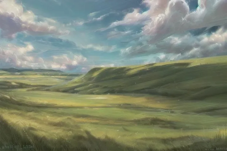 ((((landscape, nature, zero pictured, rolling hills, long grass, clouds, grass, prairie)))), ((by Pino Daeni, by Ruan Jia, by Fumiko, by Levelviolet, by Supplesee)), outside,