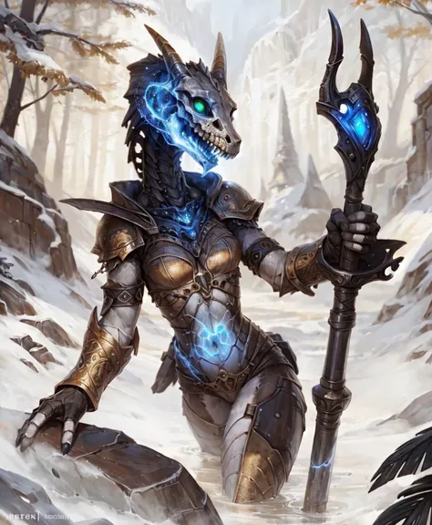 (Highest quality, incredible details, 8k, 4k, uhd:1.3, concept art, character design), by Pixelsketcher, by Bayard Wu, by Thomas Benjamin Kennington, by Einshelm, by reysi, BREAK {{{skeletal reptile}}}, green eyes, golden horns:1.2, BREAK magic clothing, huge staff, gauze,