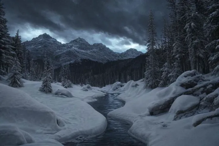 photograph, hyperrealism, cinematic color grading, fantasy, blue hour, winter, scenery,