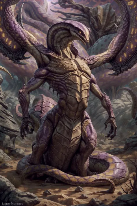 masterpiece, uploaded to e621, (((naga-mantis hybrid, naga))), ((snake-like lower body)), ambiguous gender, bone crest, carapace, sfw, sharp teeth, ((snake-like abdomen)), ((hydralisk)), ((scythe-arms blades)), chitinous, zerg, on a desert planet, uhd, 8k, hdr, starcraft, extremely detailed, detailed, intricate details, <lora:ZergAI:0.6> ZergAI <lora:more_details:0.4>