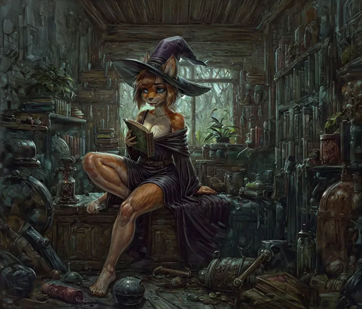 Generate [bichu] [greg rutkowski] by (Simon Bisley) detailed (full shot:1.5),intricate,oil on canvas,dry brush illustration of youthfull [1girl:1.5] [solo:1.5],fox,female,adult,(red and orange fur, thick fur:1.3,<lora:hairdetailer:0.8>),muscular,lean build,fluffy tail:1.3,blue eyes,fox snout,canine teeth,fangs,. She is (sad:1.2) (witch) wearing (dark robe) with exposed shoulders and (pointy hat) in her (herbalist hut) reading old dusty tome with her (pet cat) sitting next to her.Sourrounded by [Clutter-Home:1],books and scrolls,herbs and alchemical ingredients and and [skull with a candle].,<lora:more_details:0.5>,<lora:add_detail:0.5>,<lora:methurlant:0.5>,<lora:RAL-000012:0.5>,<lora:bichu-v0612:0.5>,<lora:Gloomifier_slider_LECO_500w:0.5>,<lora:hairdetailer:0.7>,<lyco:locon_perfecteyes_v1_from_v1_64_32:1>,<lora:HairOverOneEye_LOCO_s:2>,<lora:pentagram_harness:0.7>,