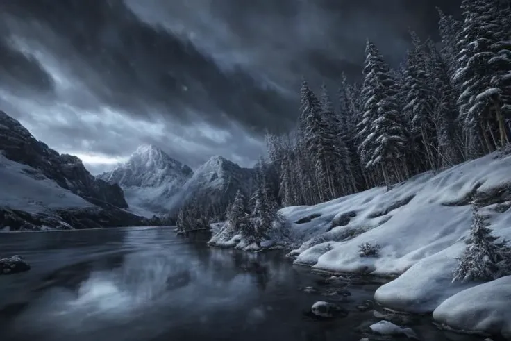 photograph, hyperrealism, cinematic color grading, fantasy, blue hour, winter, scenery,