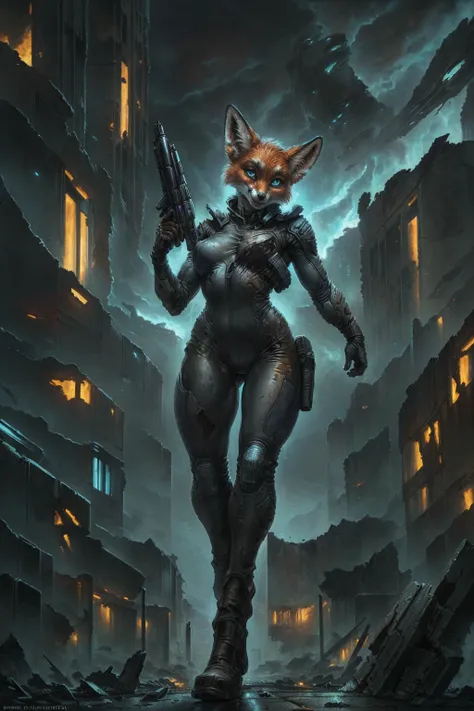 uploaded on e621, by honovy, by Frank Frazetta, HDR, masterpiece, (female fox in a futuristic pilot skinsuit sitting on a mech holding her pilot helmet in her hands), (((ruined city landscape, ruined buildings, rubble, street, anti-air gunfire in the background, at night))), EyeDetail,