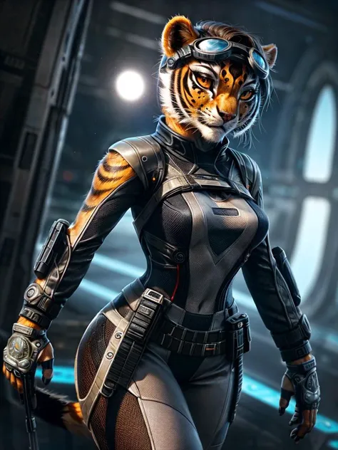 cinematic film still breathtaking solo beautiful anthro young tigress girl, scifi theme, nice background, science fiction clothes, dynamic pose, small breasts, stylish hair, short hair, gloving display in goggles, seductive, utility belt, tactical gear, thigh heights . award-winning, professional, highly detailed . shallow depth of field, vignette, highly detailed, high budget Hollywood movie, bokeh, cinemascope, moody, epic, gorgeous, film grain, grainy, 8k hd, wide dynamic range, hdr, fine art high quality, hdr, 8k, 4k uhd wallpaper, beautiful, 8k, uhd, intricate detail, detailed, by popular digital, digital, watercolor, dark colors, hyper-resolution, 8k-resolution, hd, very detailed, beautiful colorized photograph, realistic, detailed image, very detailed picture, very detailed, detailed image, masterpiece, highest quality, ultra detail, adorable, absurd res, by Pino Daeni, by Ruan Jia, by Shiitakemeshi, by Alayna Lemmer, by Carlo Galli Bibiena, best quality, best detail