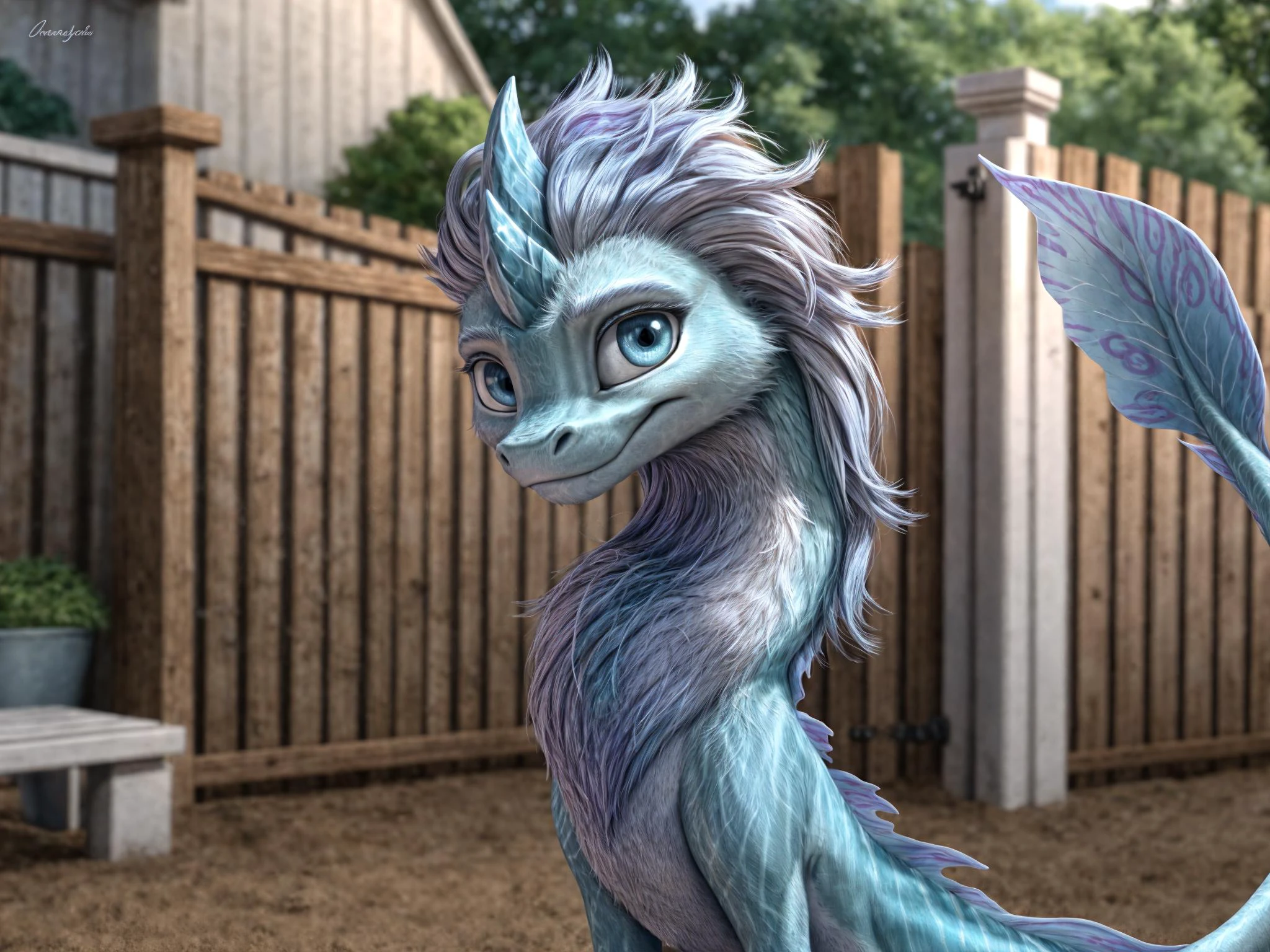 Raya and the Last Dragon Sisu, blue eyes, adorable, cute pose, backyard
