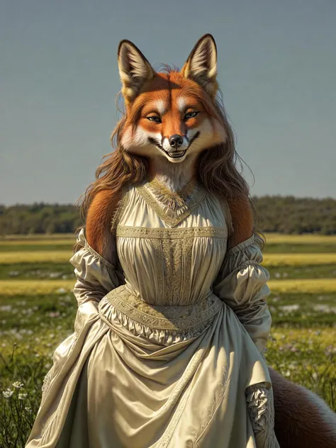 realistic photo of a beautiful fox female smiling at a viewer in a sunlit meadow with her hips in view in an regal dress