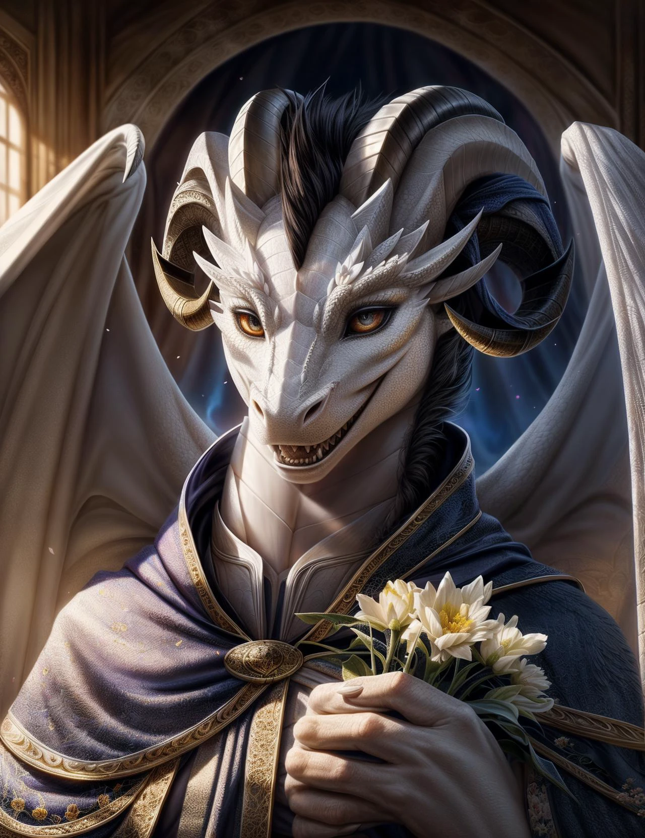 femboy sorcerer dragon, white scales, confident open smile, (black curved horn:1.2), with cloak, holding holding flower, masterpiece, (realistic:1.2), (sharp:1.2), (best quality:0.8), ultra-detailed, extremely intricate, cinematic light, bloom,