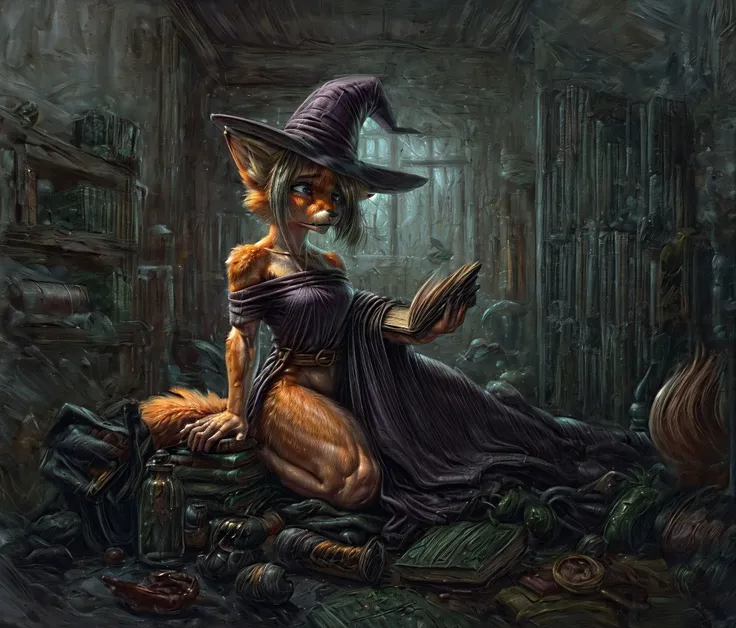 Generate [bichu] [greg rutkowski] by (Simon Bisley) detailed (full shot:1.5),intricate,oil on canvas,dry brush illustration of youthfull [1girl:1.5] [solo:1.5],fox,female,adult,(red and orange fur, thick fur:1.3,<lora:hairdetailer:0.8>),muscular,lean build,fluffy tail:1.3,blue eyes,fox snout,canine teeth,fangs,. She is (sad:1.2) (witch) wearing (dark robe) with exposed shoulders and (pointy hat) in her (herbalist hut) reading old dusty tome with her (pet cat) sitting next to her.Sourrounded by [Clutter-Home:1],books and scrolls,herbs and alchemical ingredients and and [skull with a candle].,<lora:more_details:0.5>,<lora:add_detail:0.5>,<lora:methurlant:0.5>,<lora:RAL-000012:0.5>,<lora:bichu-v0612:0.5>,<lora:Gloomifier_slider_LECO_500w:0.5>,<lora:hairdetailer:0.7>,<lyco:locon_perfecteyes_v1_from_v1_64_32:1>,<lora:HairOverOneEye_LOCO_s:2>,<lora:pentagram_harness:0.7>,