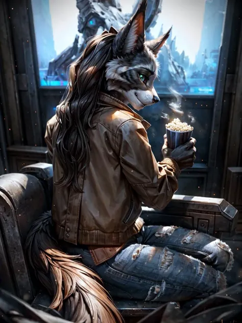 (Highest quality, incredible details, 8k, 4k, uhd:1.3), by Pixelsketcher, by Bayard Wu, by Thomas Benjamin Kennington, by Einshelm, BREAK maine_coon, long flowing hair, BREAK green eyes, beautiful eyes:1.3, jacket, jeans, BREAK movie theater, movie screen, popcorn, popcorn in hand, looking back curiously, sly smile, watching a movie, sitting on theater chair,