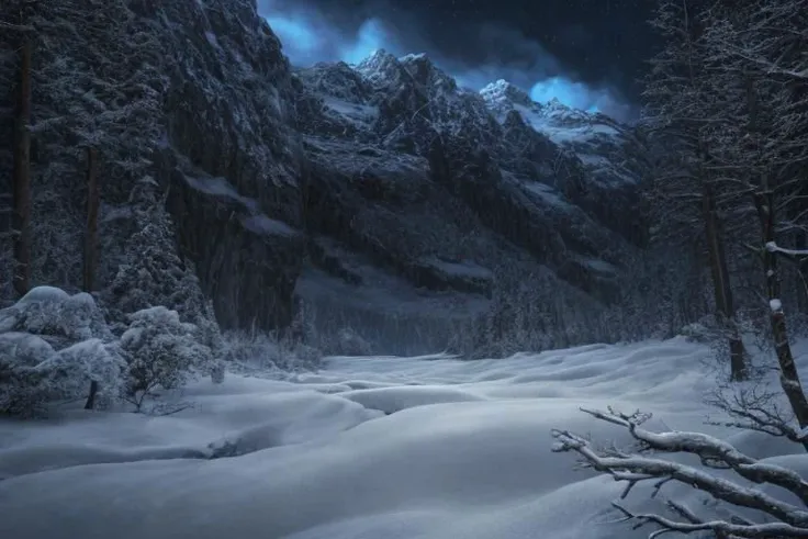 photograph, hyperrealism, cinematic color grading, fantasy, blue hour, winter, scenery,