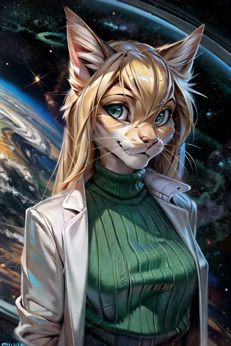 high quality, high resolution, best quality, masterpiece, perfect colors, perfect shadows, beautiful and detailed portrait of a felid, feline, female, anthro, brown body, blonde hair, (long hair hair), beautiful eyes, (detailed eyes), ((green-blue iris)), big pupils, (((black pupils))), (cat pupils), detailed reflection in the eyes, dressed, (wearing green sweater under white lab coat), (white lab coat), green skirt, solo, (space, nebula view), space porthole in the background, posted on e621, sci-fi, style by Wildering, by Chunie, by Einshelm