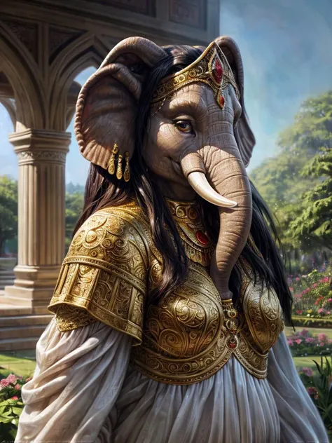 breathtaking beautiful princess, elephant female, 1girl, long hair, rich clothes, ceremonial, plump, chubby, Ganesh, in a garden, calm, elegant trunk, realistic photo . award-winning, professional, highly detailed, 8k hd, wide dynamic range, hdr, fine art high quality, hdr, 8k, 4k uhd wallpaper, beautiful, 8k, uhd, intricate detail, detailed, by popular digital, digital, watercolor, dark colors, hyper-resolution, 8k-resolution, hd, very detailed, beautiful colorized photograph, realistic, detailed image, very detailed picture, very detailed, detailed image, masterpiece, highest quality, ultra detail, adorable, absurd res, by Pino Daeni, by Ruan Jia, by Shiitakemeshi, by Alayna Lemmer, by Carlo Galli Bibiena, best quality, best detail