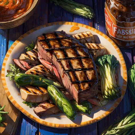 masterpiece, (by fabercastel), HDR, anime, grilled steak and vegetables with hot sauce, sunset lighting , tasty, yummy, colorful, uhd, 4k, close up, food shot, food focus, high angle view,