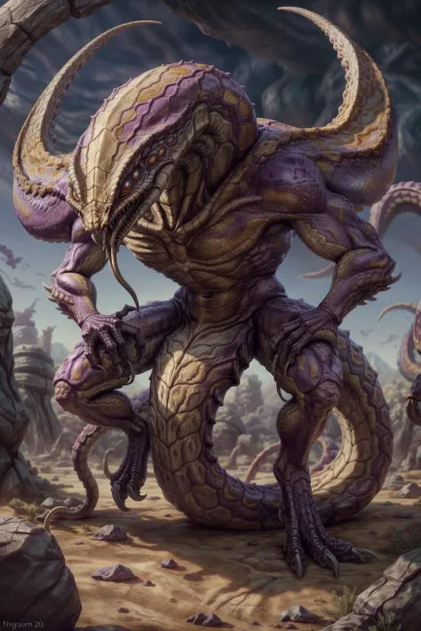 masterpiece, uploaded to e621, (((naga-mantis hybrid, naga))), ((snake-like lower body)), ambiguous gender, bone crest, carapace, sfw, sharp teeth, ((snake-like abdomen)), ((hydralisk)), ((scythe-arms blades)), chitinous, zerg, on a desert planet, uhd, 8k, hdr, starcraft, extremely detailed, detailed, intricate details, <lora:ZergAI:0.6> ZergAI <lora:more_details:0.4>