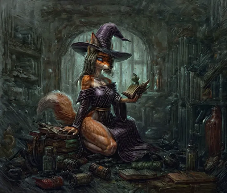 Generate [bichu] [greg rutkowski] by (Simon Bisley) detailed (full shot:1.5),intricate,oil on canvas,dry brush illustration of youthfull [1girl:1.5] [solo:1.5],fox,female,adult,(red and orange fur, thick fur:1.3,<lora:hairdetailer:0.8>),muscular,lean build,fluffy tail:1.3,blue eyes,fox snout,canine teeth,fangs,. She is (sad:1.2) (witch) wearing (dark robe) with exposed shoulders and (pointy hat) in her (herbalist hut) reading old dusty tome with her (pet cat) sitting next to her.Sourrounded by [Clutter-Home:1],books and scrolls,herbs and alchemical ingredients and and [skull with a candle].,<lora:more_details:0.5>,<lora:add_detail:0.5>,<lora:methurlant:0.5>,<lora:RAL-000012:0.5>,<lora:bichu-v0612:0.5>,<lora:Gloomifier_slider_LECO_500w:0.5>,<lora:hairdetailer:0.7>,<lyco:locon_perfecteyes_v1_from_v1_64_32:1>,<lora:HairOverOneEye_LOCO_s:2>,<lora:pentagram_harness:0.7>,