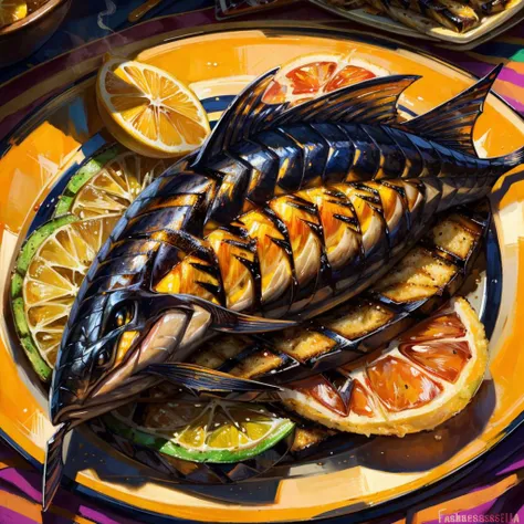masterpiece, (by fabercastel), HDR, anime, grilled alien (fish (steak)) with lemon slices on a plate, steaming hot food, sunset lighting, tasty, yummy, colorful, uhd, 4k, close up, food shot, food focus, high angle view
