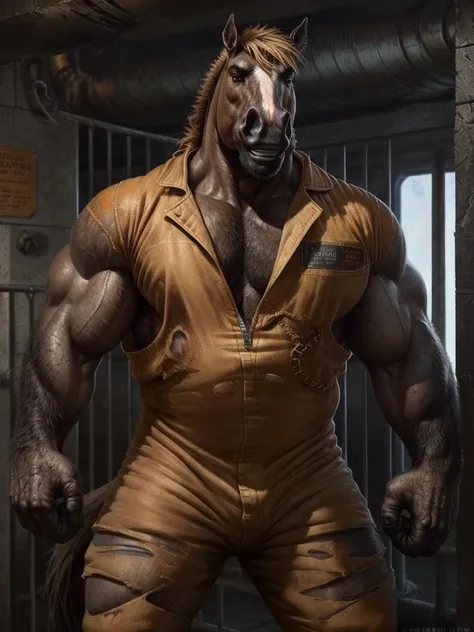 Prison setting, prison cell, Horse, equine, orange clothing, prison jumpsuit, flex, muscular, barazoku, evil grin, torn clothing,
by taran fiddler, [by morticus], (Sharp focus, masterpiece, 8k, intricate artwork, hyper detailed, high detail),