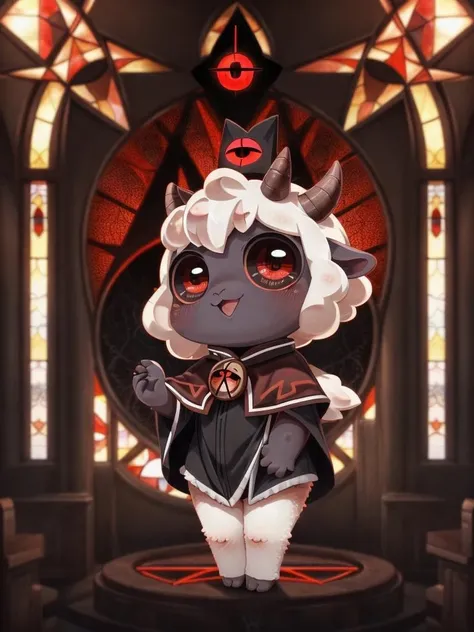 (lamb \(cult of the lamb\)), chibi, stained glass, church setting, looking at viewer, red eyes, ears, horizontal pupils, pentagram, horn, white sclera,
by Kyoto Animation,