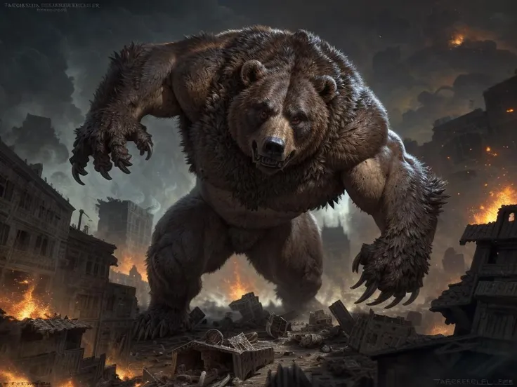 bear, ursine, fluffy, roar, snarl, macro, destroyed buildings, fire, gun fire, horror,
(by taran fiddler) antonio j. manzanedo, (Sharp focus, masterpiece, 8k, intricate artwork, hyper detailed, high detail),