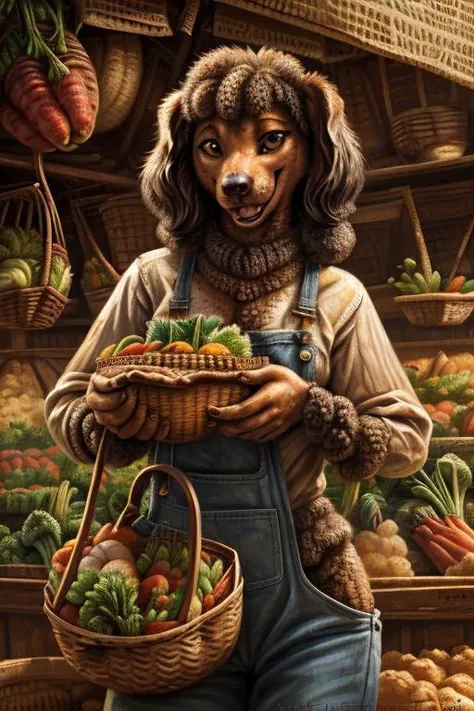 local market, traditional market setting, female, dog, poodle, five finger, overalls, happy, looking at viewer, (holding basket, basket filled with vegetable:1.4), smilling, by Kenket, (Sharp focus, masterpiece, 8k, intricate artwork, hyper detailed, high detail),