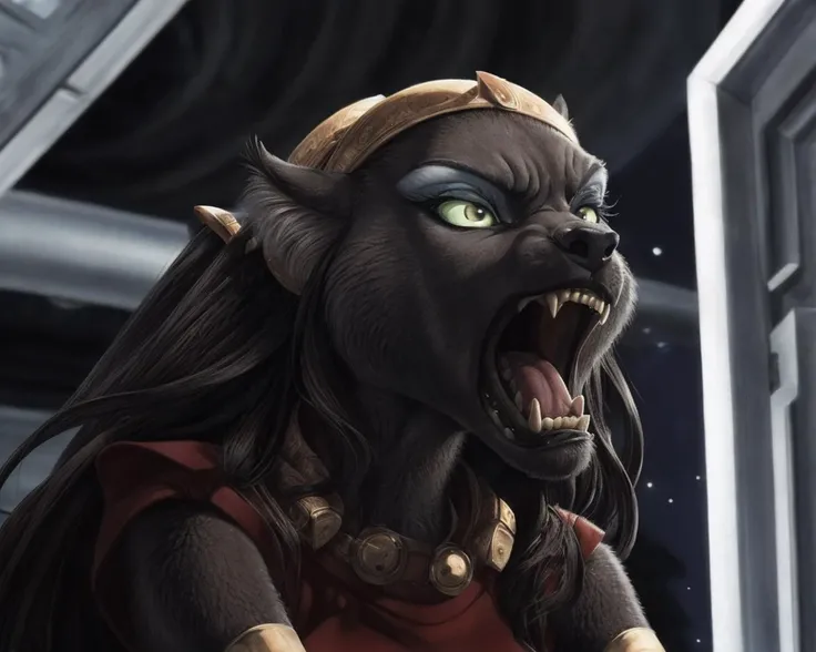 high detail, film photography, RAW candid cinema, realistic, analog style, best quality, ultra realistic, 8k, detailed background, female, Mirage, angry, open mouth, eyeshadow, uraeus, yelling, by jay naylor,by boosterpang, <lora:Mirage-01-Polyfur-nd64-020:1>