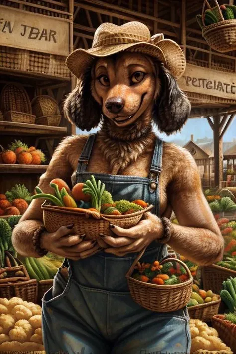local market, traditional market setting, female, dog, poodle, five finger, overalls, happy, looking at viewer, (holding basket, basket filled with vegetable:1.4), smilling, by Kenket, (Sharp focus, masterpiece, 8k, intricate artwork, hyper detailed, high detail),