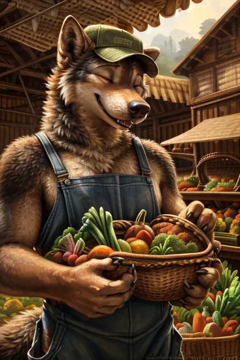 local market, traditional market setting, male, dog, wolf, five finger, cap, overalls, happy, eyes closed, (holding basket, basket filled with vegetable:1.4), smilling, by Kenket, (Sharp focus, masterpiece, 8k, intricate artwork, winking, hyper detailed, high detail),