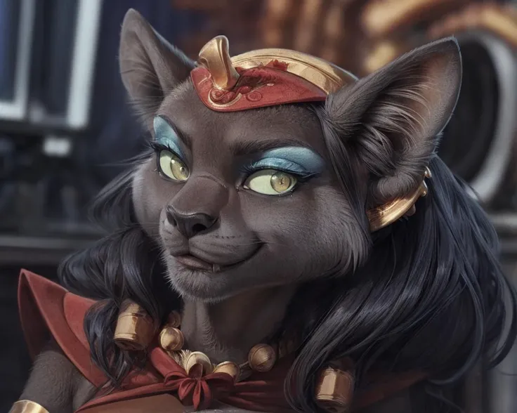 high detail, film photography, RAW candid cinema, realistic, analog style, best quality, ultra realistic, 8k, detailed background, female, Mirage, eyeshadow, uraeus, portrait, smile, lidded eyes, seductive, looking at viewer, by thefuckingdevil,by blackshirtboy,by bose, <lora:Mirage-01-Polyfur-nd64-020:1>