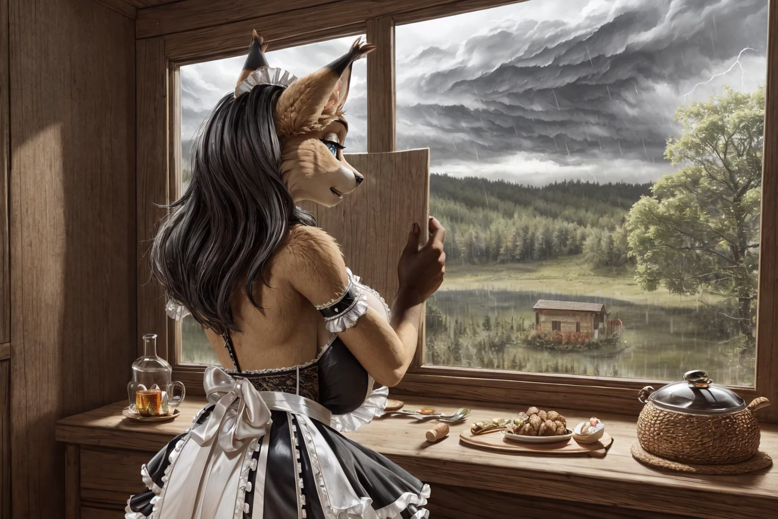 <lora:nicolethelynx-v1-locon:1>( nicolethelynx, medium sagging breasts, (detailed fluffy fur:1.2), (detailed perfect eyes), (detailed hair), submissive) having sex with (human male, french, muscular, mature, beard, conquering), 1girl, 1boy, couple sex, hug,
(masterpiece:1.2), (highly detailed:1.2), (intricate:1.2), (best quality:1.2),(8k:1.2), (elegant:1.2), (sharp:1.2), (majestic:1.2),
cinematic lighting, vivid color, (8k:1.2),
skirt, apron, maid, (see-through white lace maid uniform:1.3)
BREAK
cozy living kitchen, wooden cabin, windows, forest, heavy rain, thunderstorm