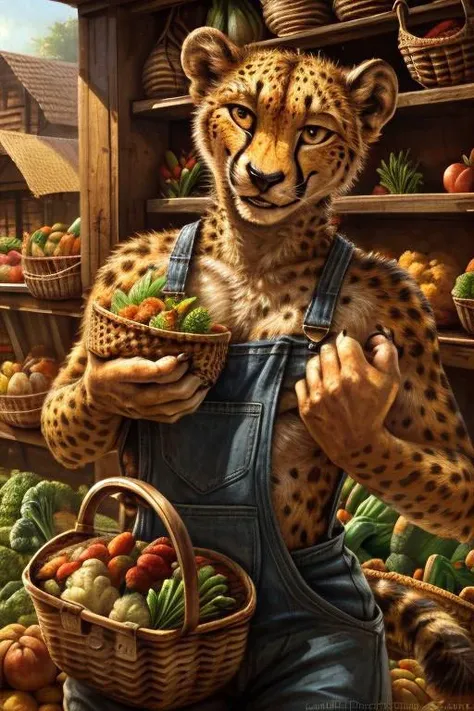 local market, traditional market setting, male, dog, cheetah, five finger, overalls, happy, looking at viewer, (holding basket, basket filled with vegetable:1.4), smilling, by Kenket, (Sharp focus, masterpiece, 8k, intricate artwork, hyper detailed, high detail),