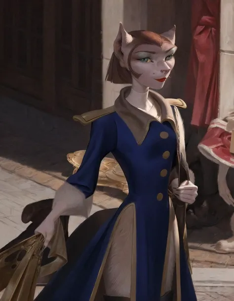 realistic, detailed background, parade, BREAK, best quality, ultra realistic, 8k, BREAK captain amelia, female, feline humanoid, alien, brown hair, green eyes, eyeshadow, lipstick, uniform, elbow gloves, claws, smirk <lora:CaptainAmelia-01-BB95-a64-d128-e020:1>