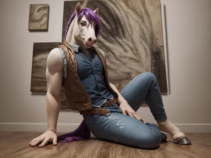 low angle view, side angle, male white horse, voluminous purple hair, vest, hands, finger nails, jeans, (hoofs), sitting on the floor, pose, looking at viewer, (smile:1.3), canvas, abstract art, room background