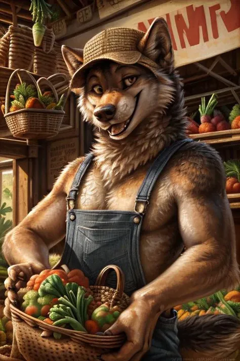 local market, traditional market setting, male, dog, wolf, five finger, cap, overalls, happy, looking at viewer, (holding basket, basket filled with vegetable:1.4), smilling, by Kenket, (Sharp focus, masterpiece, 8k, intricate artwork, winking, hyper detailed, high detail),