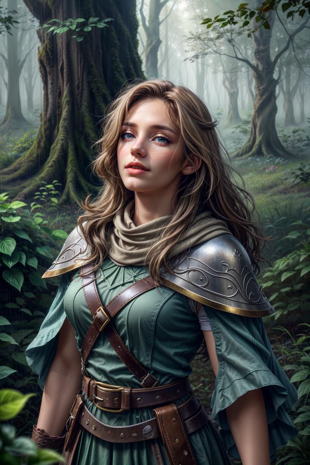A woman in a green dress standing in a forest - SeaArt AI