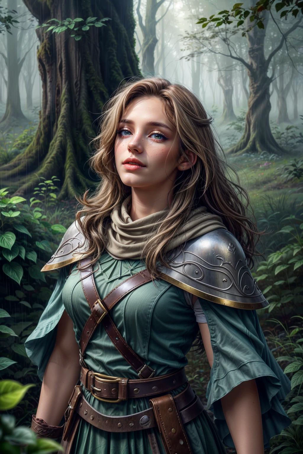 colorful chaos, vivid colors, <lora:add_detail:0.75>, <lora:sharpen-soften:-0.2>, <lora:stylesqueeze_v2:0.25>, <lora:realistic:0.25>,
1 girl, adult (elven:0.7) woman, hazel eyes, dark blonde blowout hair,
portrait, looking up, solo, (full body:0.6), detailed background, detailed face, (high fantasy medieval theme:1.1) forest ranger, light smile, dynamic pose, medieval fantasy setting, high fantasy, gray furred leather clothes, capelet, hood, straps, belt, enchanted forest, bushes, vines, ivy, ravine, (Style-SwampMagic:0.4), oak trees, moss, flowers, birds, feathers, wildlife, rain, mist,