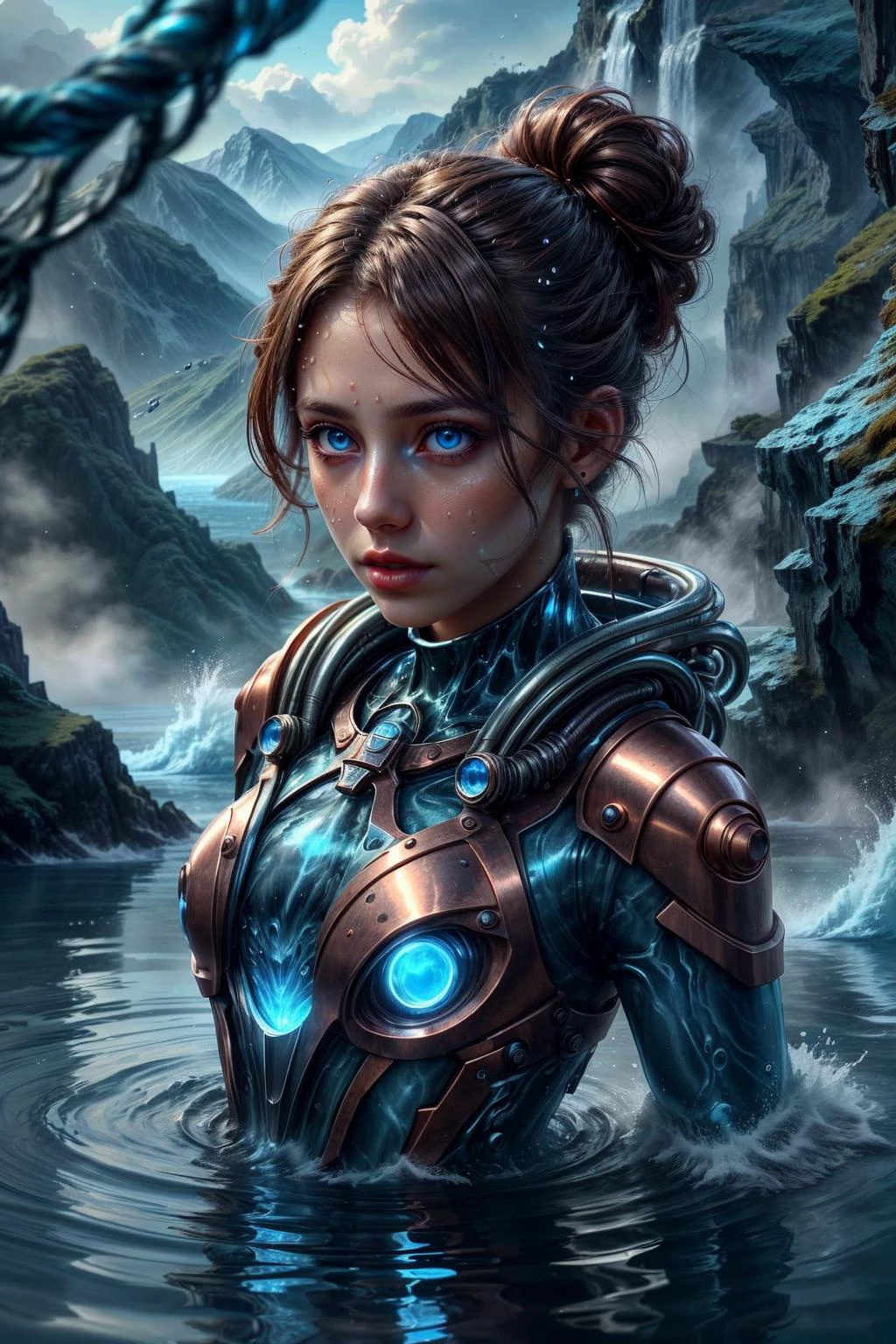 colorful chaos, vivid colors, striking visual design, <lora:add_detail:0.75>, <lora:sharpen-soften:-0.2>, <lora:stylesqueeze_v2:0.25>, <lora:realistic:0.25>,
1 girl, adult (elven:0.7) woman, dark brown eyes, copper updo hairstyle,
portrait, solo, (full body:0.6), looking at viewer, detailed background, detailed face, (<lora:HydroTech:0.6>, scifi, hydrotech theme:1.1), (glowing eyes:1.05), elemental water wizard, surrounded by swirling water, <lora:waterVFX:0.4> fantasy sorcerer clothes, floating particles, focusing, ethereal dynamic, water, vapor, lake in background, blue tones, cliffs, bright lighting, ethereal atmosphere,