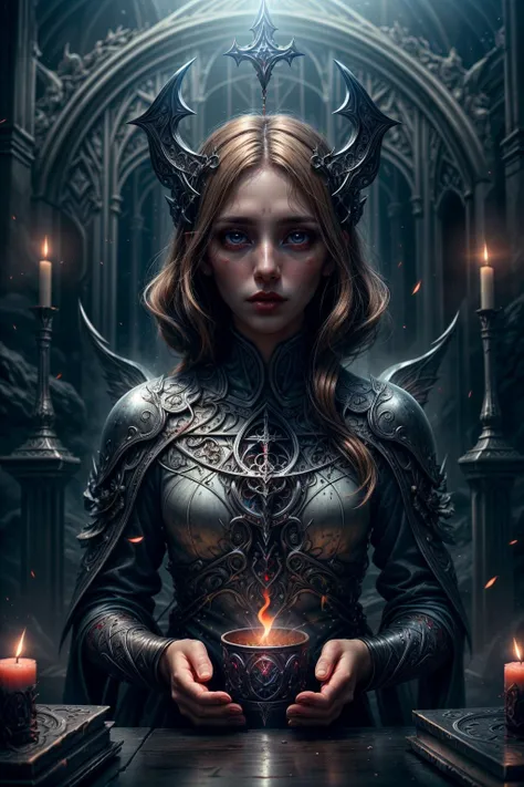 vivid colors, <lora:add_detail:0.75>, <lora:sharpen-soften:-0.2>, <lora:stylesqueeze_v2:0.25>, <lora:realistic:0.25>,
1 girl, adult (elven:0.7) woman, dark brown eyes, dark blonde razor cut hair,
focus on character, portrait, looking up, solo, upper body, detailed background, detailed face, (<lora:VampiricTech:0.6>, vamptech ,vampiric theme:1.1) holy oracle, zealous fury, veiled, black pentagram symbols, halo above head, kneeling, preaching, symmetrical composition, cathedral, altar, divine light, religious icons, incense, (hovering candles:0.8), floating particles, sacred texts, chalice, ethereal atmosphere, high fantasy style, reflections, holy fire, updraft,