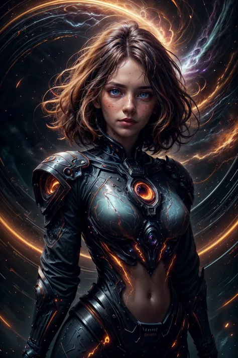 striking visual design, <lora:add_detail:0.75>, <lora:sharpen-soften:-0.2>, <lora:stylesqueeze_v2:0.25>, <lora:realistic:0.25>,
1 girl, adult (elven:0.7) woman, freckles, light blue eyes, chestnut medium hair,
(style-swirlmagic:1.0), portrait, looking up, solo, (full body:0.6), detailed background, (<lora:InfraBlackholeTech:0.6>, scifi, inblackholetech theme:1.1), glowing eyes, powerful wizard, intricate brown clothes, arcane artifact, casting spell, hovering in air, hair flowing in the wind, (dark purple lightning <lora:LightingVFX:0.1>), magic orb, dark clouds, desolate landscape in background,