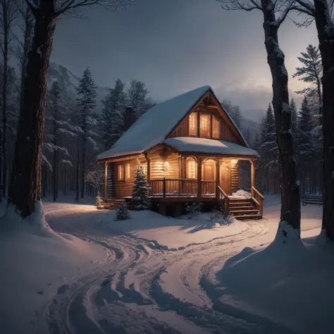 (Masterpiece:1.1), (highest quality:1.1), intimate winter landscape, pine forest, snow-capped trees, (cozy cabin:1.3), lights glowing warmly in windows, deep snow, falling flakes, ethereal dusk light, soft pastels, winter wonderland, (in the style of Thomas Kinkade:1.2), low-angle shot