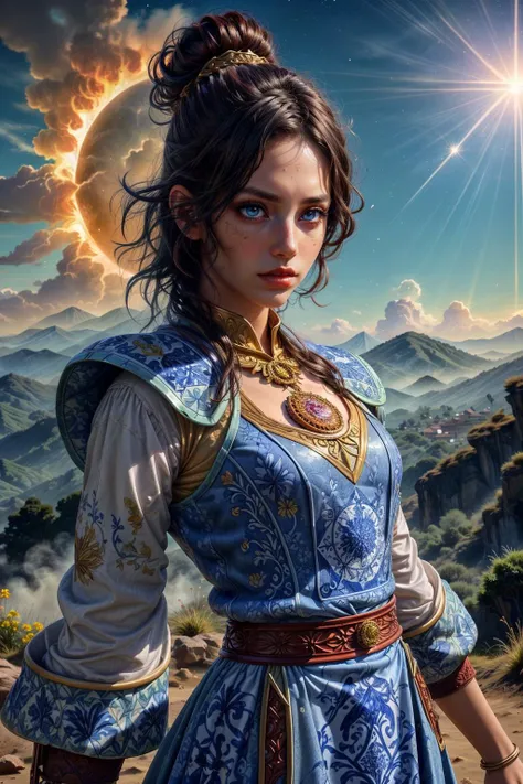 colorful chaos, <lora:add_detail:0.75>, <lora:sharpen-soften:-0.2>, <lora:stylesqueeze_v2:0.25>, <lora:realistic:0.25>,
1 girl, adult (elven:0.7) woman, dark brown eyes, black bun hair,
solo, upper body, looking down, detailed background, detailed face, (<lora:DecorationBundlev2:0.6>, AzulejoAI, azulejo theme:1.1), eyes blazing with the power of the sun, sun-mage, wearing elaborate yellow-red wizard vest, burning artifact of the sun, casting spell, enchanted solar sigils, sunlit hills in background, symphony of light, solar wind, epic atmosphere,