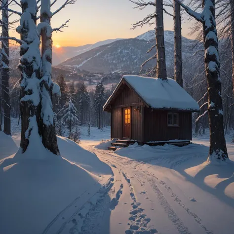 Masterpiece, best quality, ultra high res, dense pine trees, crisp snow, inviting cabin, illuminated windows, warm glow against cold snow, sunset hues, snowy footprints, slight frost in the air, long shadows, in the style of Caspar David Friedrich, panoramic shot
