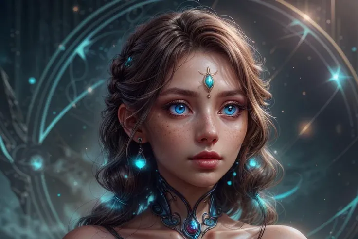 vivid colors, striking visual design, <lora:add_detail:0.75>, <lora:sharpen-soften:-0.2>, <lora:stylesqueeze_v2:0.25>, <lora:realistic:0.25>, illustration, best quality, beautiful and aesthetic, , fine details, high resolution, , UHD, low-saturation, sharp focus, cinematic shadows, 1 girl, GS-Womanly adult (elven:0.7) woman, freckles, turquoise eyes, medium brown fishtail braid, BREAK portrait, solo, (full body:0.6), looking up, detailed background, detailed face, (<lora:GlyphTech:0.5>, glyphtech theme:1.1) (glowing eyes:1.1), magical third eye on forehead, psychic, psychic powers, dynamic pose, mind control, telepathy, enchantment, precognition, clairvoyance, mesmerizing, mind portal, blue psychic energy emanating, ethereal atmosphere,