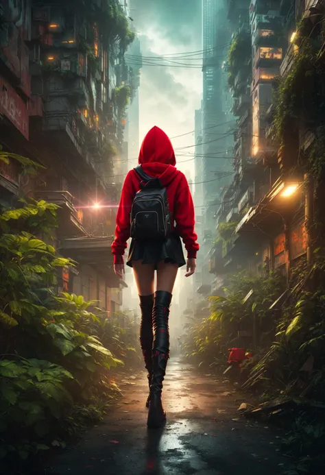 cyberpunk style a girl in a red hoodie, black miniskirt, knee-high socks, high boots, with a bag, walking through the city jungle, full of dangers, to bring food to her sick grandmother, tyndall effect, detailed, lens flare