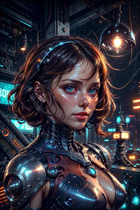 colorful chaos, vivid colors, striking visual design, <lora:add_detail:0.75>, <lora:sharpen-soften:-0.2>, <lora:stylesqueeze_v2:0.25>, <lora:realistic:0.25>,
1 girl, adult woman, freckles, hazel eyes, auburn half-up half-down hairstyle,
portrait, solo, upper body, looking at viewer, detailed background, detailed face, (<lora:1970RetroFuturism:0.6>, 1970retrofuturism, 1970s theme:1.1), android, cyborg, mechanical limbs, mechanical eyes, wires, advanced technology, dynamic pose, emotionless, artificial intellgience, steel, digital implants, nanobots, electronics, gadgets, powered by electricity, holograms, particle effects, bright lights, neon colors, cables in background, cinematic atmosphere,